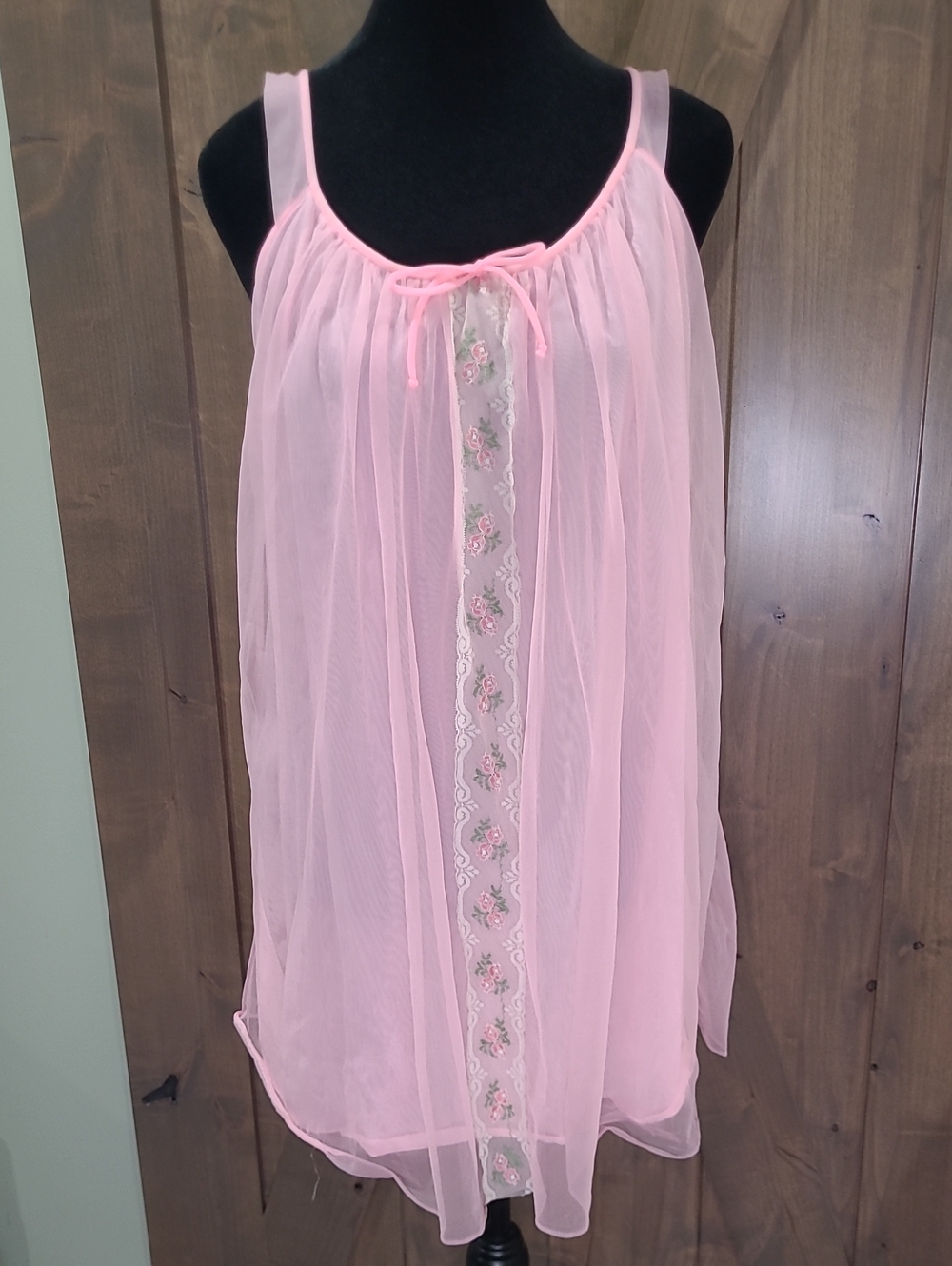 Vintage Sheer Pink Babydoll Nightie Nightgown with Floral Lace Detail Trim L